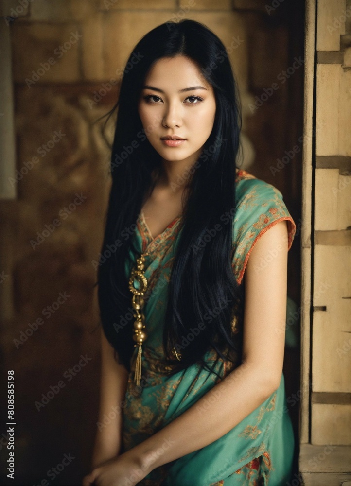 Fototapeta premium Close-up of a beautiful Asian woman with nice hair looking at camera