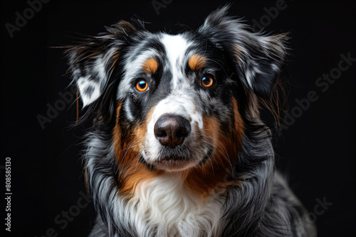 a dog with a black and white face and brown eyes