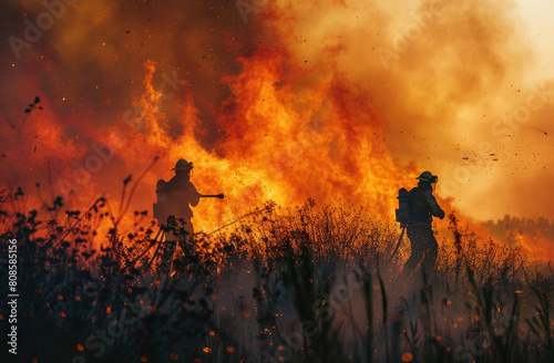 Firefighters team battle a wildfire because climate change and global warming is a driver of global wildfire trends photo