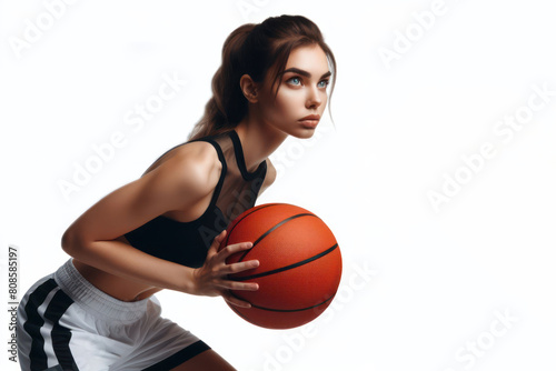 basketball woman player practicing isolated on a white background