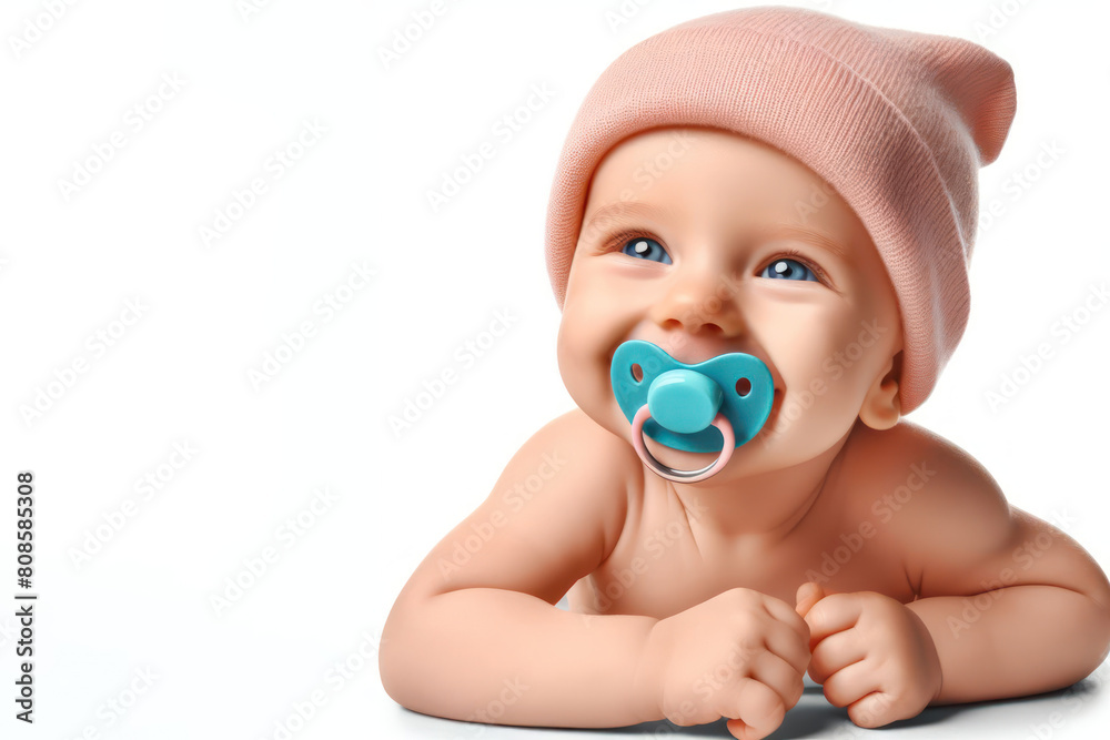 Happy baby with pacifier in mouth on a white background Happy baby with pacifier in mouth on a white background