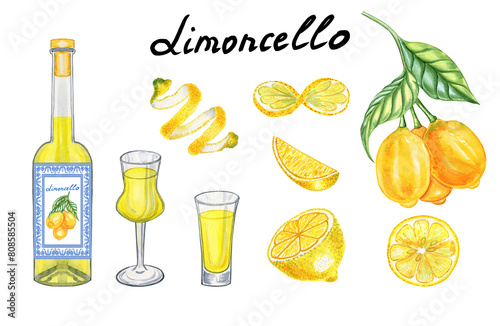 Set of watercolor painted limoncello in glasses and bottle. Hand drawn illustration of lemon Italian liqueur and fruit on an isolated background. For the bar and menu.