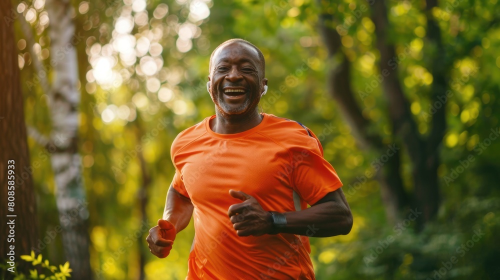 Elderly African American man running in park with headphones. Elderly African American man running in park with headphones.