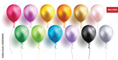 Birthday balloons vector set design. Birthday balloon inflatable colorful collection in glossy, shiny and  floating elements for event celebration decoration. Vector illustration birthday balloons