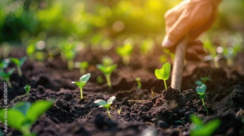 Close-up of hands using a trowel for planting in fertile soil. Macro shot of gardening