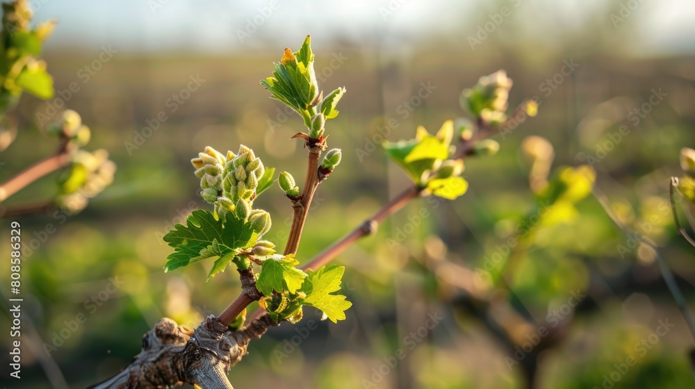 Spring Vineyard: Young Grapevine Leaves in Sunlight