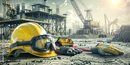 a yellow construction helmet, safety glasses and protective gloves placed on the ground in front of an industrial site, generative AI