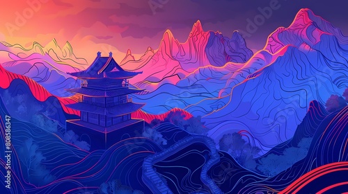 Mountain traditional architecture line art illustration poster background