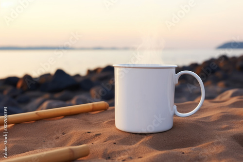 White enamel cup mockup, blank coffee mug with sea view on background, campfire cup mock up, camping, wanderlust, travel design