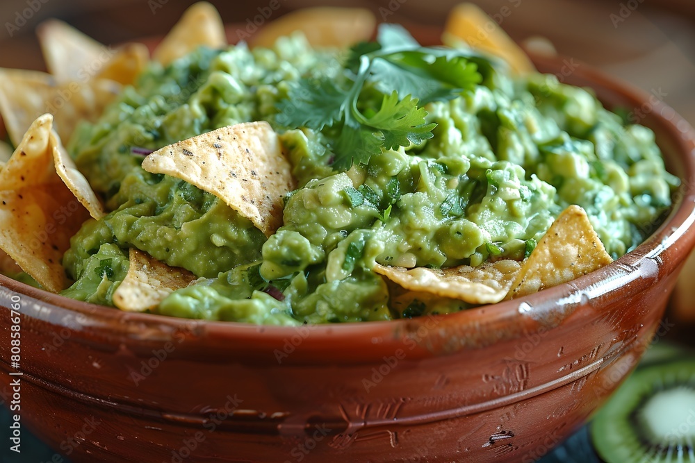 Delicioso Guacamole con cilantro y totopos en un recipiente de barro, close up. Delicioso Guacamole con cilantro y totopos en un recipiente de barro, close up.