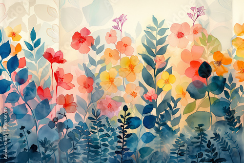 An abstract watercolor illustration of a whimsical garden where each plant and flower  photo