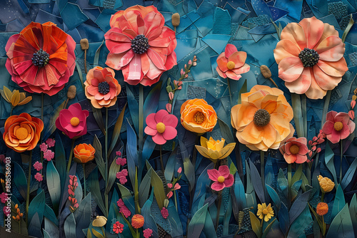 Artistic paper craft of a dense floral garden with layered paper flowers  plants and herbs