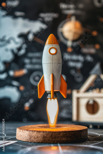 Artistic display of a handcrafted wooden rocket model launching, set against a map backdrop, highlighting exploration and the spirit of adventure in model rocketry - AI generated.