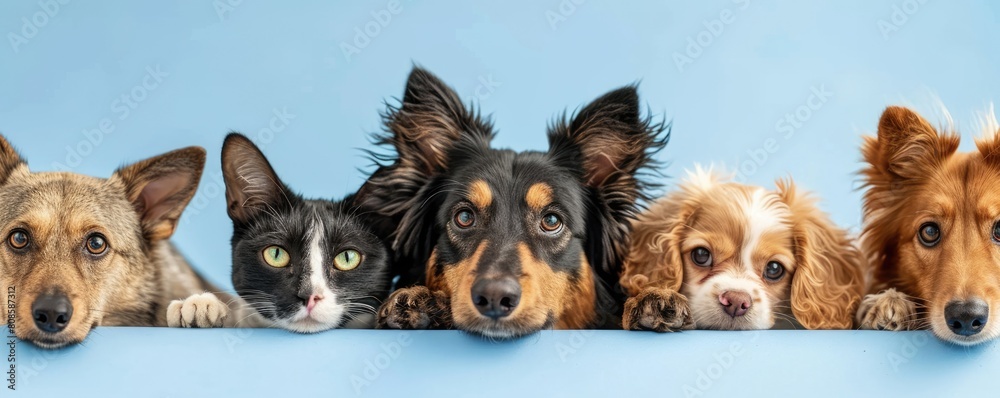 The picture of front view and close up of the multiple group of the various cat and dog in front of the bright blue background that look back to the camera with the curious and interest face. AIGX03.