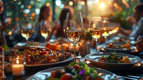 A group of friends sitting at a table in a restaurant, smiling and laughing. They are all holding wine glasses and the table is full of food.