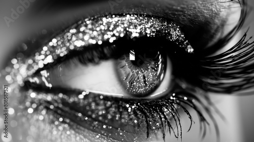 extreme macro of an eye with silver glitter eyeshadows, black and white