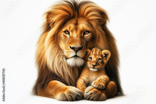 Lion with little one on a white background