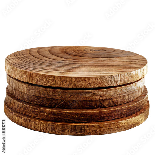 Round wooden coasters stacked isolated on transparent background, perfect for rustic home themes and practical uses photo
