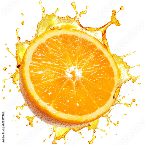 Dynamic orange splash with fruit slice isolated on transparent background, ideal for vibrant food and beverage advertising