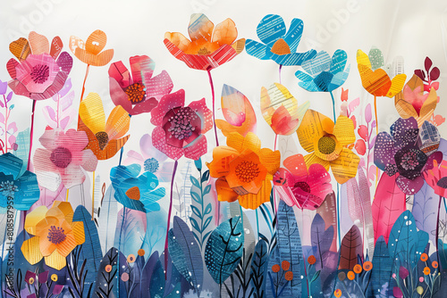 An abstract watercolor illustration of a whimsical garden where each plant and flower  photo