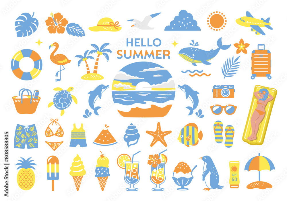 夏・海のイラストセット　南国　旅行　アイコン　ビーチ　装飾