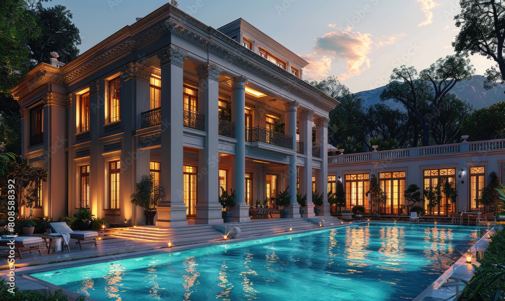 A realistic rendering of an elegant mansion with large columns, windows and a swimming pool at night. Created with Ai