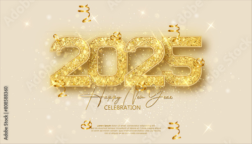 Happy New Year 2025. festive realistic decoration elegant number for Celebrate 2025 party, calender and poster