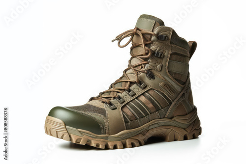 military combat boots, tactical shoes, trekking boots isolated on bright white background