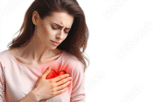 Woman with heart pain isolated on white background
