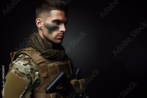 male soldier isolated black background copy space