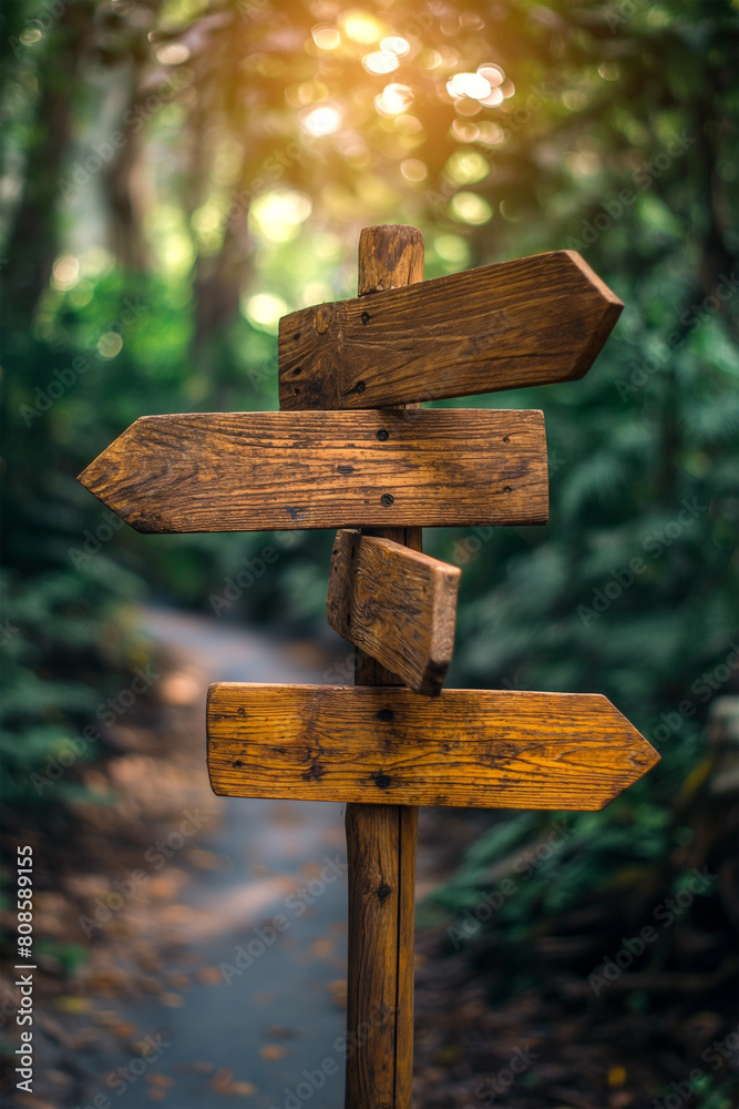 Rustic wooden signpost with multiple arrows in a sunlit forest, guiding paths and directions amidst nature, creating a sense of exploration and choice - AI generated Rustic wooden signpost with multiple arrows in a sunlit forest, guiding paths and directions amidst nature, creating a sense of exploration and choice - AI generated