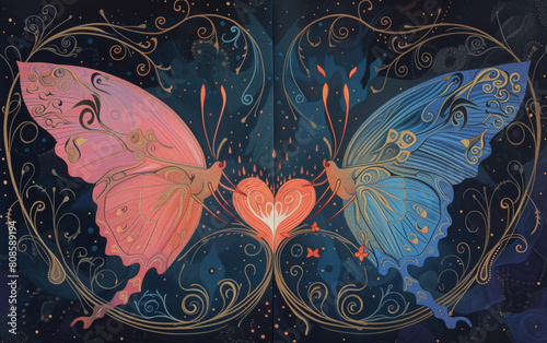 Cosmic Love Dance  Fluttering Flames of pink and blue butterfly with heart