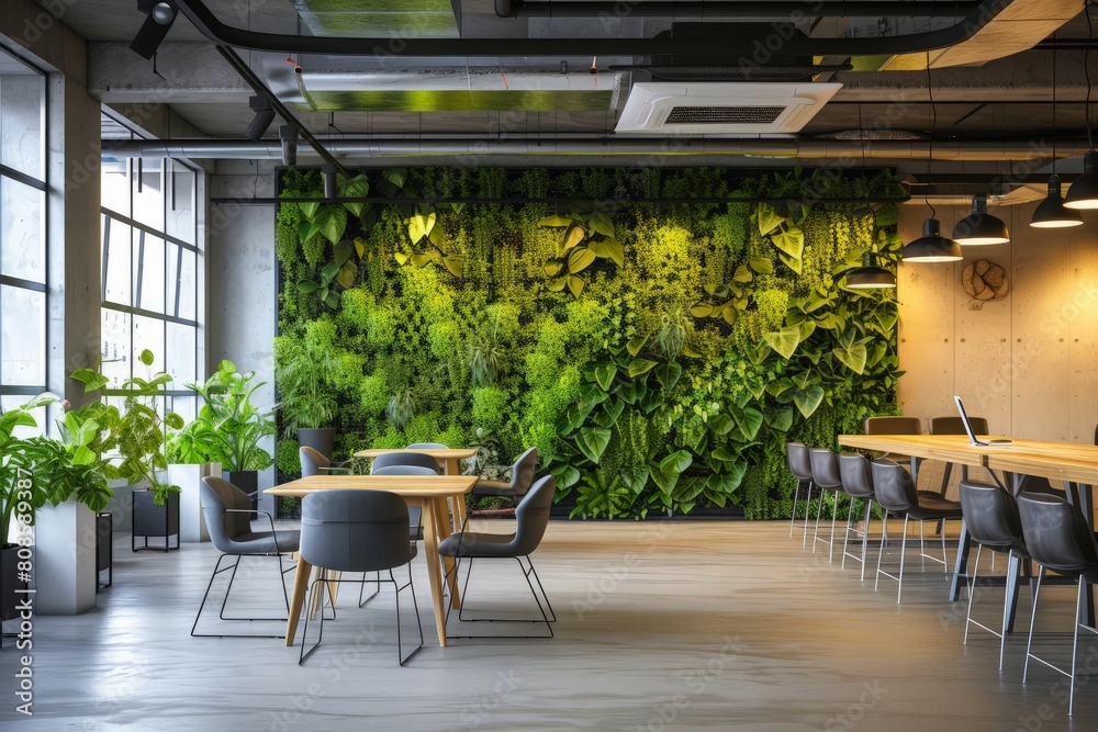Eco-Friendly Modern Open Plan Office Interior With Tables, Office Chairs, Meeting Room And Vertical Garden
