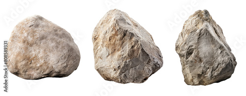 Three different angles of a rock. The rock is light grey in color and has a rough texture. It is about the size of a football. photo
