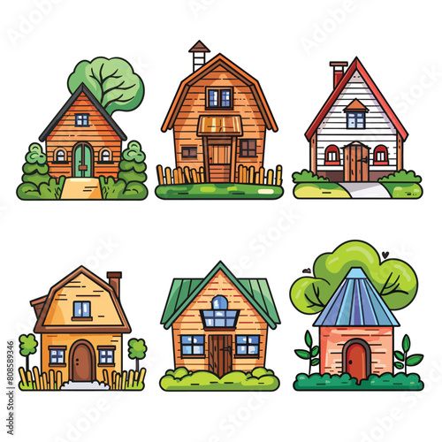 Set colorful cartoon houses surrounded greenery, unique architecture roof design. Charming wooden homes detailed windows doors, featuring lush trees bushes. Bright, playful cottage illustrations