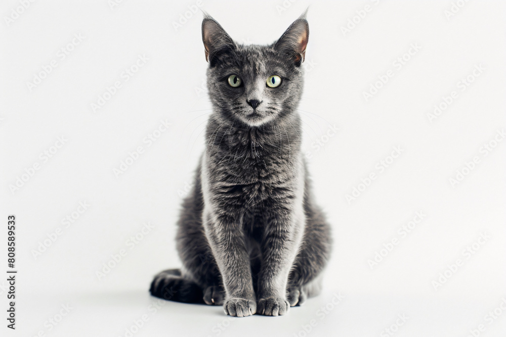 a gray cat sitting on a white surface