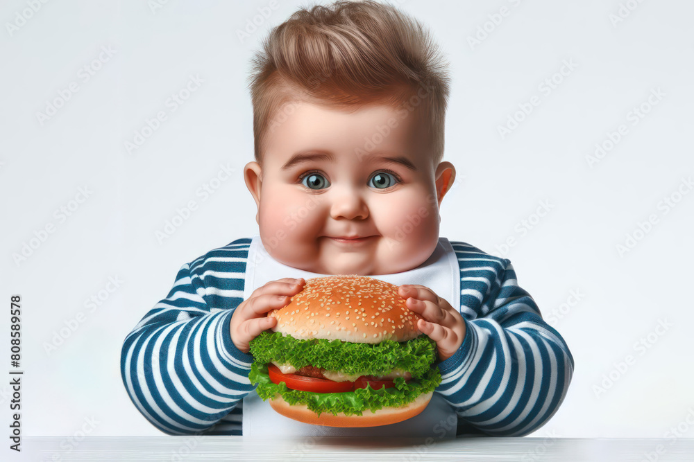 Little fat child eating burger on white background Little fat child eating burger on white background
