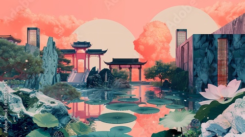 Traditional architectural landscape pointillism illustration poster background