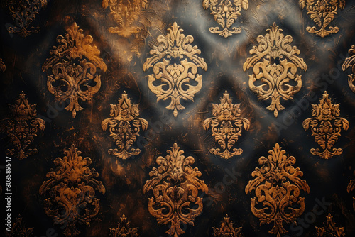 An elegant pattern of fleurdelis on an aged metal surface, with intricate details and soft lighting. Created with Ai photo