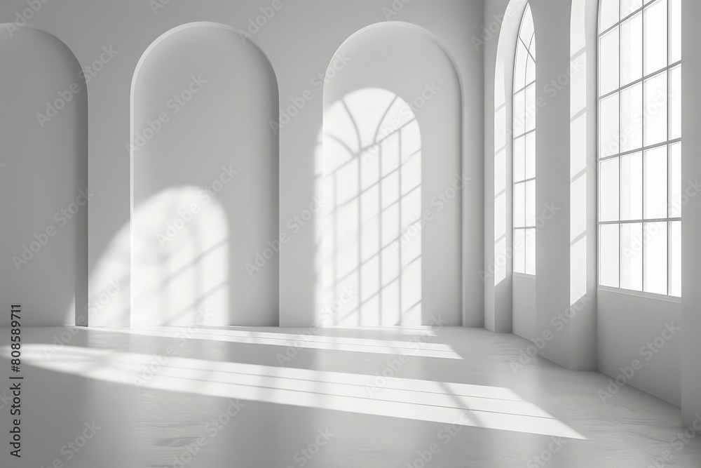 Empty light studio space with deep artistic windows shadow. Sparse template and background