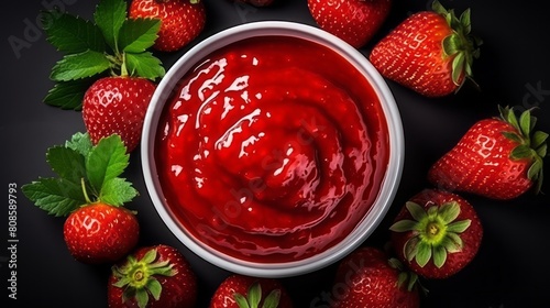 Bowl with delicious strawberry jam and fresh strawberries on a black background.