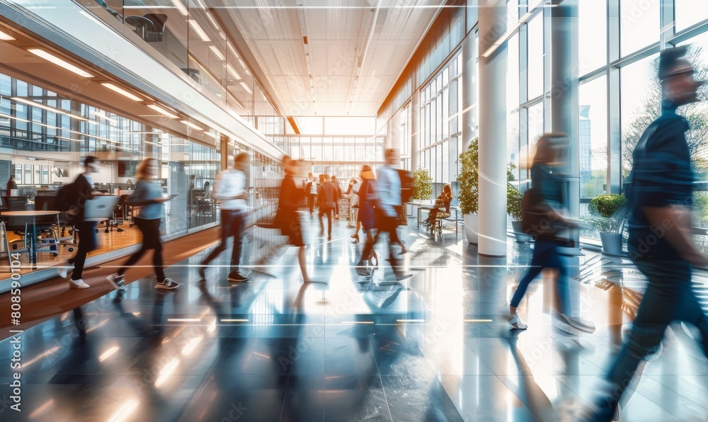 People walking in blurred motion through office halls with a busy co-working space People walking in blurred motion through office halls with a busy co-working space
