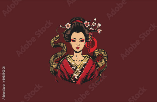 Geisha and snake vector illustration flat design logo
