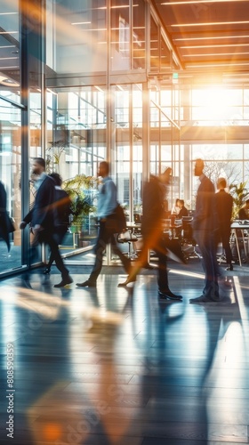 People walking in blurred motion through office halls with a busy co-working space