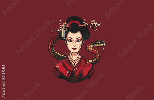 Geisha and snake vector illustration flat design logo