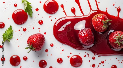 Strawberry jam spilled on a white background along with fresh strawberries.