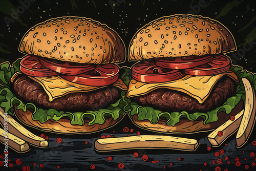 menu design,cover,vector art , Closeup of two burgers with cheese, lettuce and tomatoes on buns next to fries in a fast food photo