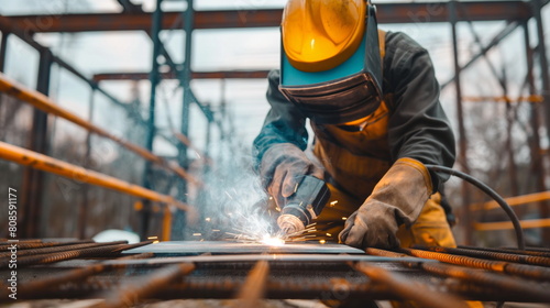 construction worker using a welding torch to join metal pieces