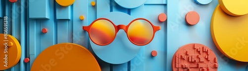 The image is a close-up of a pair of sunglasses with a blue background. The sunglasses are orange and have a gradient tint. The image is well-lit and the colors are vibrant.