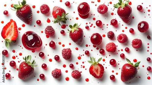Strawberry jam spilled on a white background along with fresh strawberries.